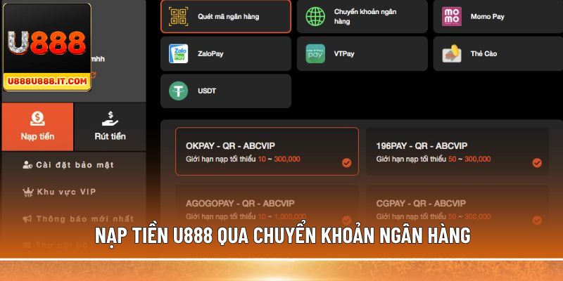 Nạp tiền U888 qua chuyển khoản ngân hàng 
